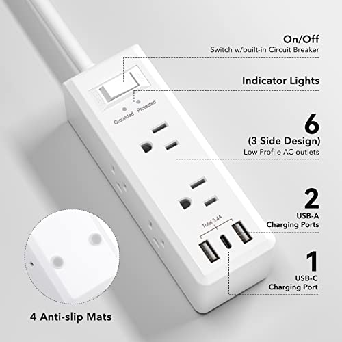 BN-LINK Surge Protector Power Strip with 6 Outlets 2 USB-A 1 USB-C(Total 3.4A), 3-Side Outlet Extender Strip with 5 Ft Extension Cord, Flat Plug, Desktop Charging Station for Travel, Home, Office, 15A