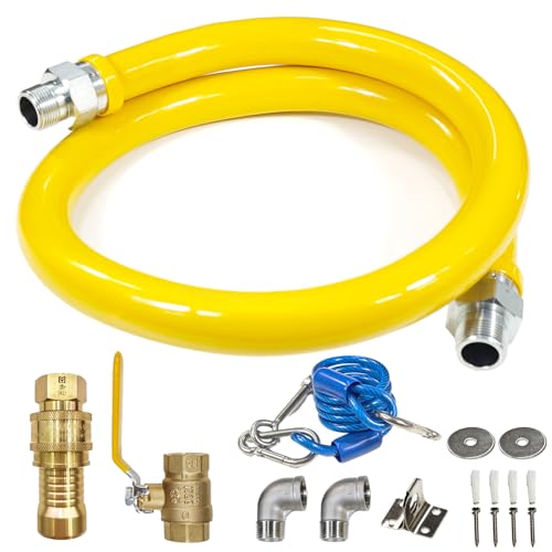 Safety System Kit, 3/4 In ID 48" Gas Hose Connector Kit with Elbows Quick Disconnect Gas Line Hose Full Port Gas Valve Restraining Device and Swivel Connector for Commercial Kitchen Equipment