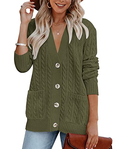 MEROKEETY Women's 2024 Long Sleeve Cable Knit Button Cardigan Sweater Open Front Outwear Coat with Pockets,Wine,M