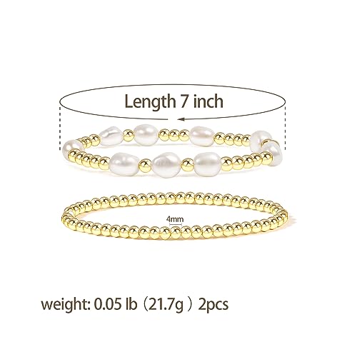 Gold Pearl Beaded Bracelets for Women Baroque Pearl Stackable14K Gold Plated Stretch Bead Ball Bracelet Jewelry Gifts （2PCS)