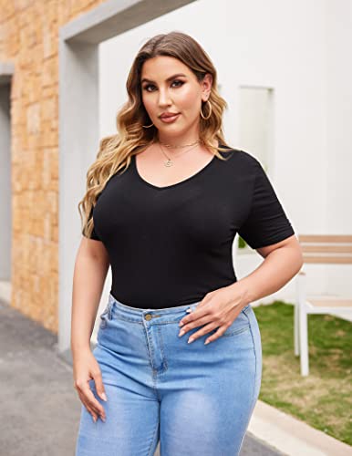 IN'VOLAND Women's Bodysuit Plus Size Sexy V Neck Bodysuits Leotards Solid Basic Top T Shirt Jumpsuits