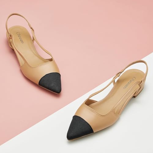 C.Paravano Women's Slingback Pumps | Pointed Toe Kitten Heels | Closed Leather Heeled Sandal | Wedding Dress Pumps Shoes (Size 11,Beige Heels)