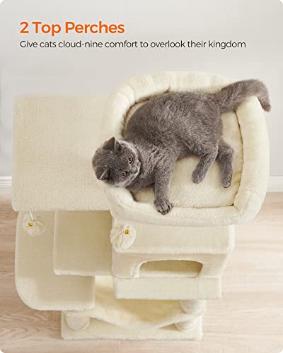 Feandrea Cat Tree, 44.1-Inch Cat Tower for Indoor Cats, Multi-Level Cat Condo with 4 Scratching Posts, 2 Perches, Hammock, Cave, Beige UPCT261M01