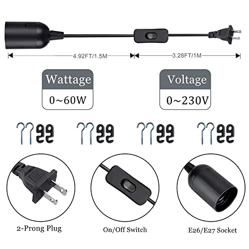 Zarnicy Plug in Light Socket - Pendant Hanging Lantern Cord - 8.2Ft Lamp Cord with Switch E26/E27 Extension Cable, Black Light Bulb Socket,4 Pack