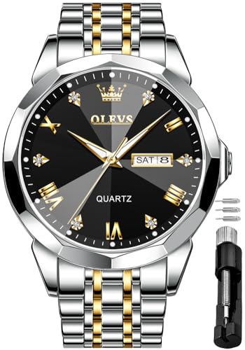 OLEVS Men Watches Business Dress Diamond Analog Quartz Date Luxury Wrist Watch Black Casual Stainless Steel Waterproof Luminous Two Tone Watch for Men