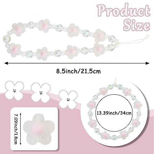 Luckyvestir Phone Charms Strap, Y2K Phone Wrist Strap with Flower, Pink Cute Phone Charms Aesthetic for Women Grils, Anti-Theft Beaded Phone Strap for Key Airpods