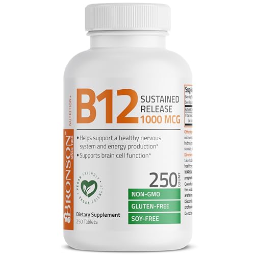 Bronson Vitamin B12 1000 mcg (B12 Vitamin As Cyanocobalamin) Sustained Release Premium Non GMO Tablets Supports Nervous System, Healthy Brain Function and Energy Production, 250 Count