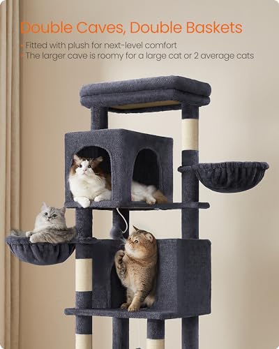 Feandrea Cat Tree, 69-Inch Tall Cat Tower for Indoor Cats, Multi-Level Cat Condo with 2 Caves, 2 Baskets, 5 Scratching Posts, Self-Groomer, Perch, Hammock, Dark Gray UPCT182G02