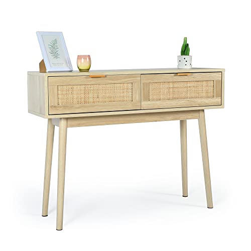 HOPUBUY Console Table Rattan Desk with Drawers, Oak Narrow Sofa Table with Pine Leg, Modern Small Entryway Table for Hallway and Living Room, 39" Rustic Natural