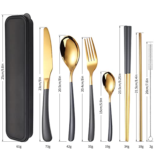 AARAINBOW 7 Pieces Stainless Steel Flatware Set Portable Reusable Cutlery Set Travel Utensils Set Including Chopsticks Knife Fork Spoon Straws Cleaning Brush Dishwasher Safe (7 Blue Golden)