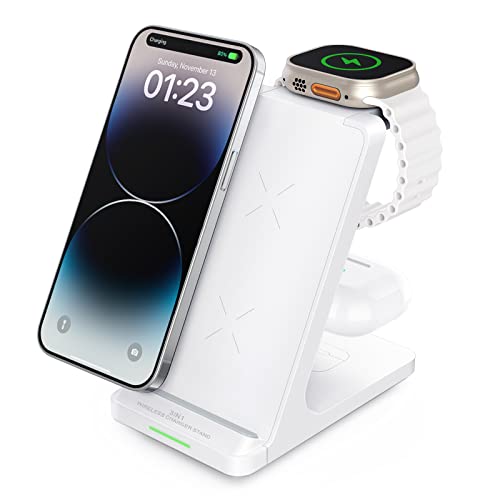 Wireless Charging Station, 3 in 1 Fast Wireless Charger Stand for Multiple Devices Apple Watch Ultra Series 9 8 7 6 SE 5 4 3 2, iPhone 15 14 13 12 11 Pro Max/Plus/Mini/X/XS/XR, Airpods Pro 2 (Black)