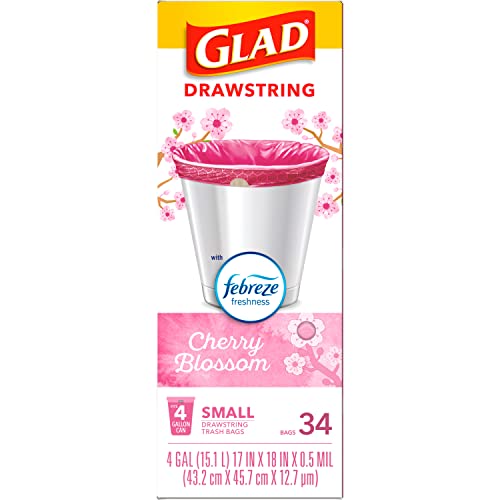 Glad Odorshield Small Drawstring Trash Bags, 4 Gal, Pink, Cherry Blossom, 34 Ct, Pack May Vary