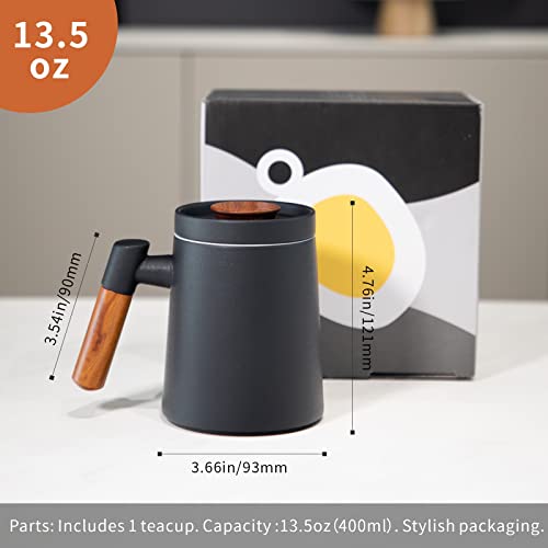 HEER Ceramic Tea Cup with Infuser and Lid for Steeping Loose Leaf Tea, Infusion Tea Mug with Extended Wooden Handle, Frosted Glazed Coffee Teacup for Home Office. 400ml/13.5oz. (Black)