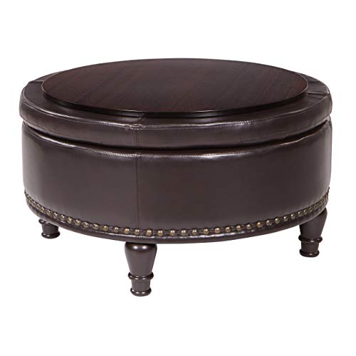 INSPIRED by Bassett OSP Home Furnishings Augusta Round Storage Ottoman with Decorative Nailheads and Flip Over Lid with Serving Tray Surface, Crimson Red Faux Leather
