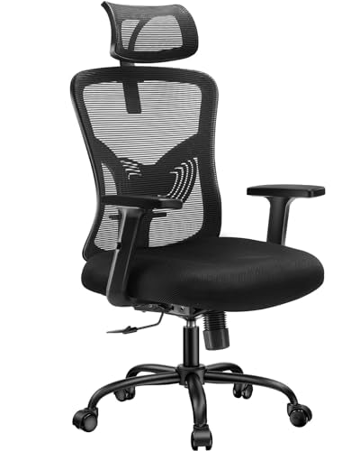 HUANUO Ergonomic Office Chair, High Back Desk Chair with S-Shaped Backrest, Adjustable Lumbar Support, Headrest, Armrest, Mesh Computer Chair with Thicker Seat Cushion and Tilt Function, Black