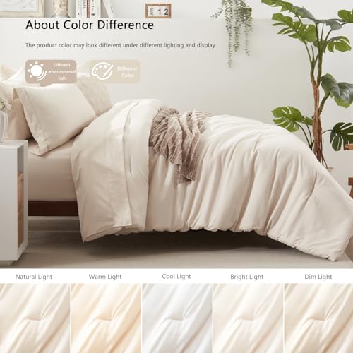 UNILIBRA Twin Comforter Set 5 Pieces - Beige Bed in a Bag Twin Size Soft for All Seasons - Cationic Dyeing Bedding Comforter Sets with Comforter, Flat Sheet, Fitted Sheet, Pillowcases & Shams