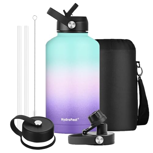 Insulated Water Bottle, 64oz Water Bottle with Straw lid, Spout Lid & Flex Cap, 64 oz Water Bottle with Sleeve, BPA Free & Leak-proof Simple Thermos Canteen Mug