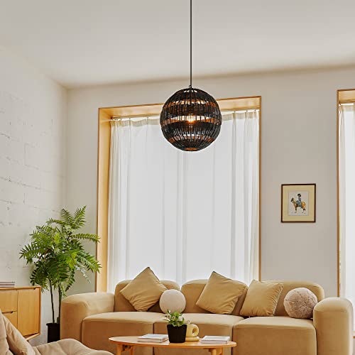 Globe Electric 67000102 2-Light Pendant Light, Matte Black, Black Paper Twine Shade, Black Braided Cord, Pendant Light Fixture, Kitchen Island, Adjustable Height, Home Décor Lighting