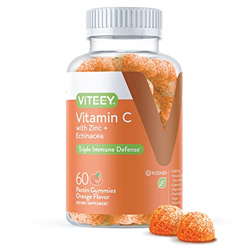 Vitamin C Gummies for Adults & Teens with Zinc & Echinacea - Immune Support Gummies - Immune Booster - Vegan, Gelatin Free, Gluten Free, GMO Free - Tasty Vitamin C Chewable Orange Flavored Gummy