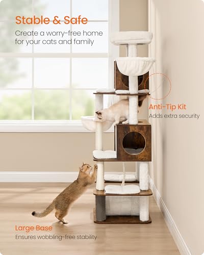 Feandrea Cat Tree, 64.5-Inch Tall Modern Cat Tower for Large Indoor Cats, Multi-Level Cat Condo with 2 Caves, 2 Hammocks, 4 Scratching Posts, Self-Groomer, Tunnel, Perch, Rustic Brown UPCT167K01