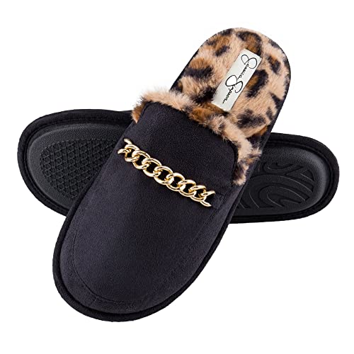 Jessica Simpson Women’s Plush Scuff Slipper House Shoe with Memory Foam and Anti-Skid Sole, Black Chain, Small