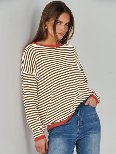 ANRABESS Womens Sweaters Striped Color Block Long Sleeve Crewneck Casual Loose Knitted Pullover Shirts 2024 Fall Trendy Tops Pink Green Large