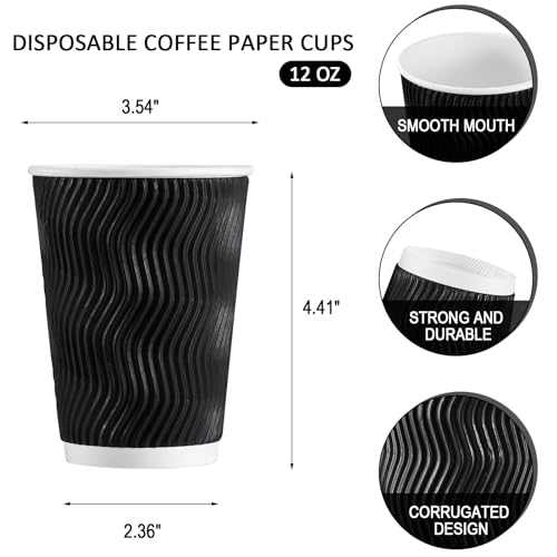 Huifany Coffee Cups 12 oz-120 Pack, Black Coffee Cups Disposable Paper Cups 12 oz, Insulated Hot Cups for Party/Office/Home/Travel/Cafe/Event, Black