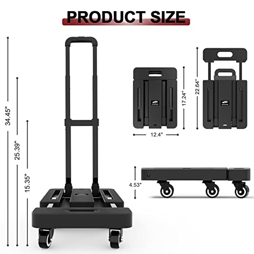 SOLEJAZZ Folding Hand Truck Portable Dolly for Moving, 500LB Luggage Cart Dolly with 6 Wheels & 2 Bungee Cords for Travel, Moving, Shopping Use, Black