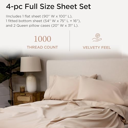 Threadmill Luxury Supima Cotton Sheets, Luxury 1000 Thread Count Soft 100% Cotton Sheets for Full Size Bed, 4 Pc Beige Bed Sheets Full Set, 5-Star Hotel Quality Elasticized Deep Pocket Bed Sheets Set