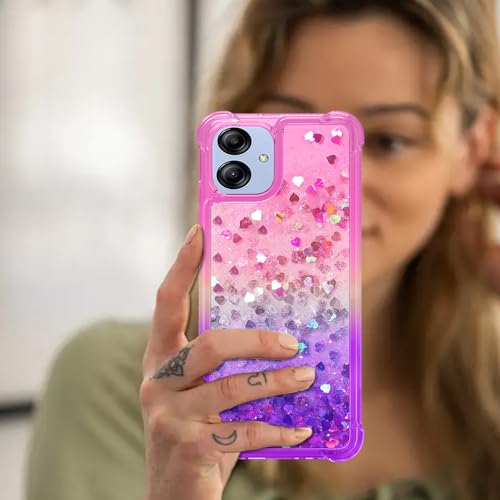Guzhthi for Samsung A04E Case: Clear Glitter Flowing Liquid Quicksand Shockproof Corner Phone Case for Samsung Galaxy A04E with Tempered Glass Screen Protector - Pink/Purple