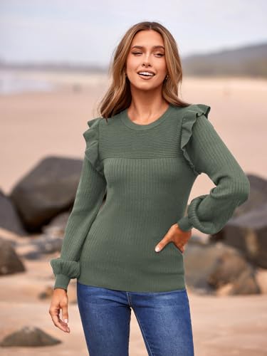 PRETTYGARDEN Fall Sweaters for Women 2024 Spring Trendy Long Sleeve Ruffle Pullover Tops Cute Lightweight Business Casual Sweatshirts (Bean Green,S)