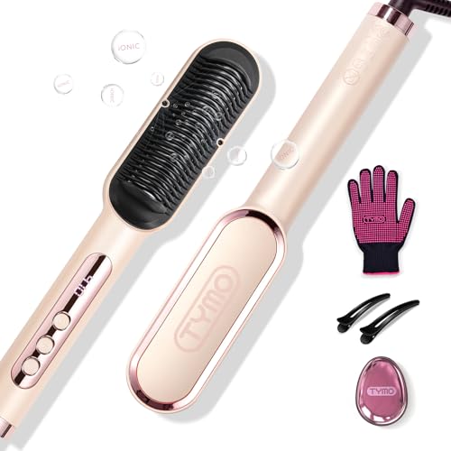 TYMO Ring Plus Ionic Hair Straightener Brush - Straightening Comb with Negative Ions for Women, Titanium Coating, 9 Temp Settings & LED Display, Dual Voltage, Professional Styling Tools, Gold Blush