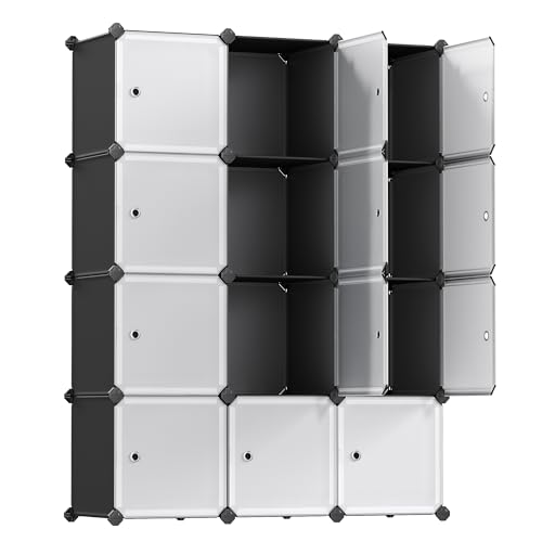 SONGMICS Cube Storage Organizer, Set of 9 Plastic Cubes, Closet Storage Shelves, DIY Plastic Closet Cabinet, Modular Bookcase, Shelving with Doors for Bedroom, Living Room, Black and White ULPC116HS