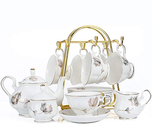 CHENP.HMC Tea Set 22-Piece Porcelain Ceramic Coffee Tea Sets Cups Saucer Service for 6 Teapot Sugar Bowl Creamer Pitcher and Teaspoons Porcelain Tea Set(Dark Green)