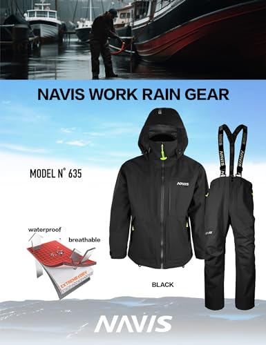 NAVIS MARINE Unisex Workwear Rain Gear: Breathable Waterproof Jacket & Bib Overalls or Men Women (Black, Small)