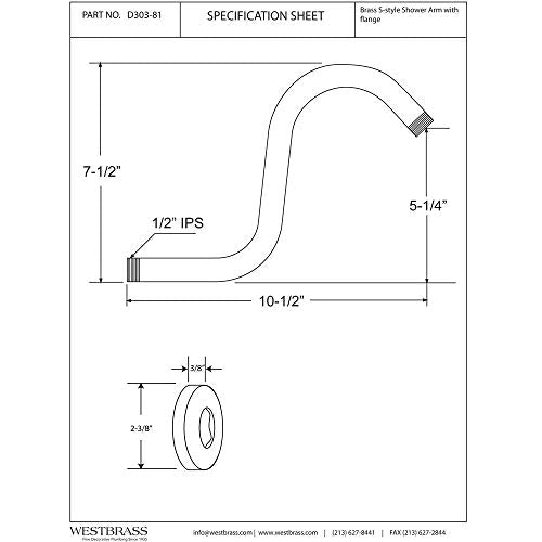 Westbrass 1/2" IPS x 8" S-Shaped Shower Arm and Flange, Matte Black, D303-81-62