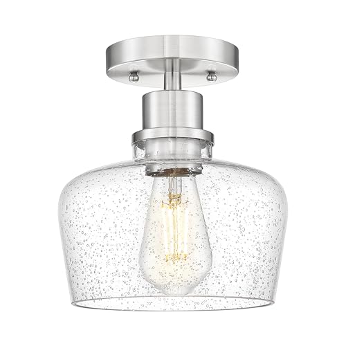 Emak Modern 8 Inch Ceiling Light Fixtures, Brushed Nickel Semi Flush Mount Ceiling Light with Seeded Glass Shade, Flush Mount Light Fixture for Bathroom, Bedroom, Kitchen, Hallway, FM122-BN-SG