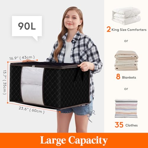 Lifewit Large Capacity Clothes Storage Bag Organizer with Reinforced Handle Thick Fabric for Comforters, Blankets, Bedding, Foldable with Sturdy Zipper, Clear Window, 3 Pack, 90L, Beige