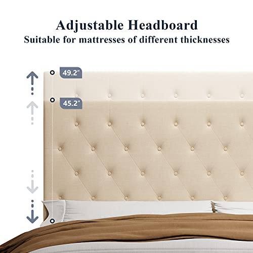 Allewie Full Size Bed Frame with Adjustable Headboard/Diamond Stitched Button Tufted/Fabric Upholstered Platform Bed Frame/Wood Slat Support/No Box Spring Needed/Easy Assembly, Beige