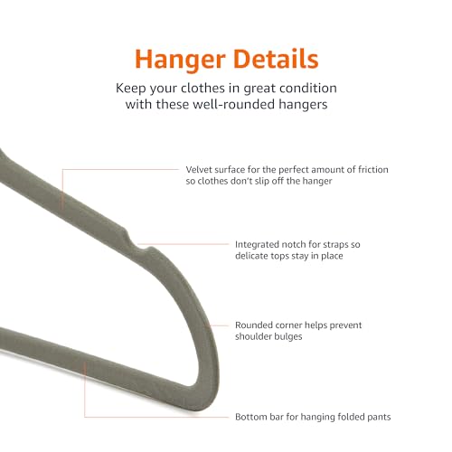 Amazon Basics Kids Velvet, Non-Slip Clothes Hangers for Infant and Toddler, 11.6 Inches (for baby clothes), Pack of 50, Gray