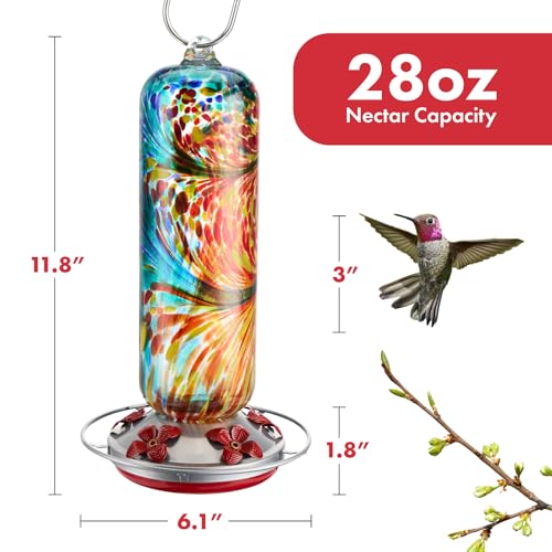 Twinkle Star Hummingbird Feeder Glass, 28fl.oz Hummingbird Feeders for Outdoors Hanging, 5 Feeding Ports & Perch Ring, Hand Blown, Hummingbirds Gifts, Garden Decor, incl.S Hook, Ant Moat, Rope (Red)