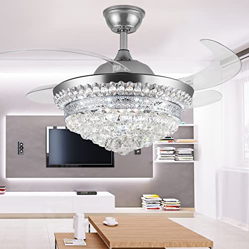 Panghuhu88 42" Invisible Ceiling Fan Chandelier with Light,Modern Crystal Ceiling Fan Light Remote Control 4 Retractable ABS Blades for Bedroom Living Dining Room Decoration (Silver)