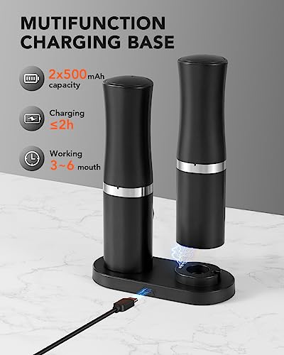 FORLIM Rechargeable Electric Salt and Pepper Grinder Set with Charging Base, Automatic Pepper Mill, Adjustable Coarseness, White LED Light, USB Type-C Cable, One Hand Operation, 2 Mills