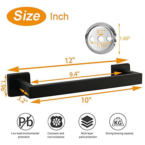 TocTen Bath Towel Rack - Square Base Thicken SUS304 Stainless Steel Towel Bar for Bathroom, Bathroom Accessories Towel Rod Heavy Duty Wall Mounted Towel Holder. (Black, 12)