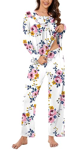 Bestbee Womens Pajama Set, 2 Piece Lounge Outfits Pleated Sleepwear Sets Long Sleeve With Pockets Ladies Pjs, M, Sailboat-Blue