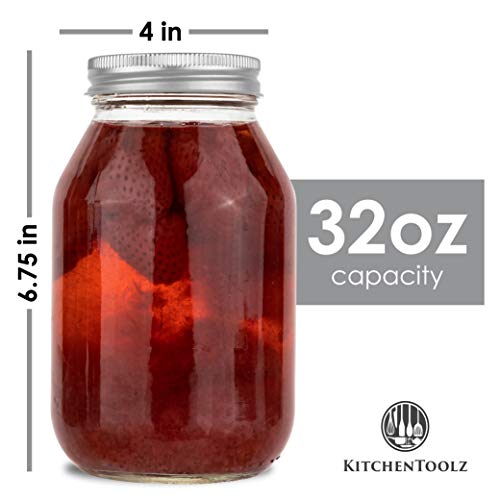 kitchentoolz Glass Regular Mouth Mason Jars, 32 Ounce (4 Pack) Glass Jars with Silver Metal Airtight 1 Piece Lids for Food Storage, Canning, Pickling, Overnight Oats, Meal Prep, Yogurt, Fermenting