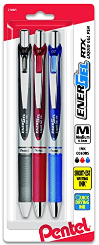 Pentel EnerGel RTX Gel Ink Pens, 0.7 Millimeter Metal Tip, Black/Red/Blue Ink, 3 Packs (BL77BP3M), Assorted