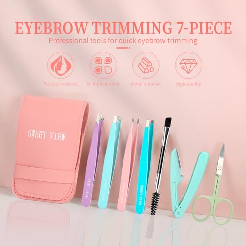 SWEET VIEW 7pcs Eyebrow Tweezers Set for Women Precision Plucker with Brow Scissors & Razor & Spoolie for Facial, Chin,Brow, Splinter and Ingrown Hair