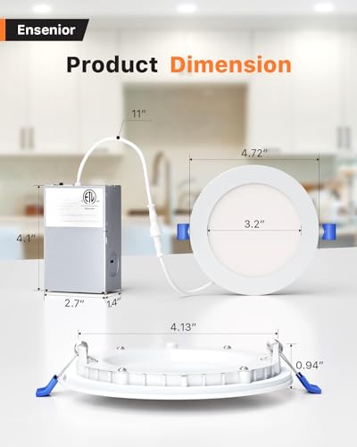 Ensenior 12 Pack 4 Inch LED Recessed Ceiling Light, Dimmable, 3000K Warm White, 750LM 9W 120V, High Brightness Canless Wafer Downlight - ETL&FCC&IC