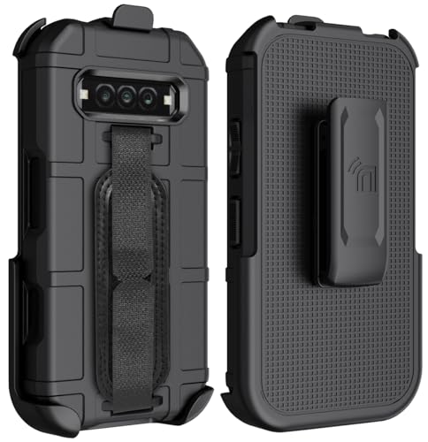 Case + Hand Strap + Holster Combo for Kyocera DuraForce Pro 3 Phone, Nakedcellphone Special Ops Armor Rugged Shield Protective Cover and [Rotating Ratchet] Belt Clip Holder - Black